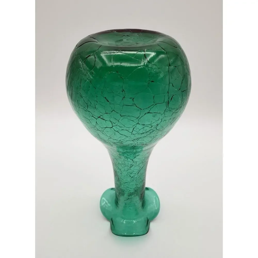 Hand Blown Emerald Green Crackle Glass Vase 7.5” Ruffled Rim Vintage Art Glass
